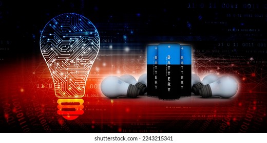 3d rendering Electrical energy and power supply source concept, accumulator battery with cfl bulb