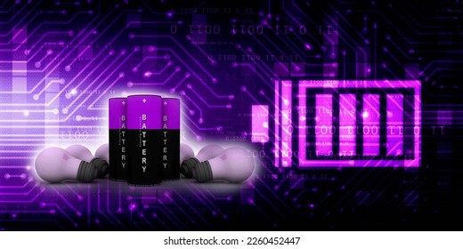 3d rendering Electrical energy and power supply source concept, accumulator battery with charging led bulb 