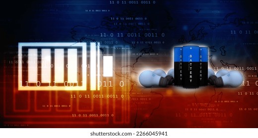 3d rendering Electrical energy and power supply source concept, accumulator battery with charging led bulb 
   