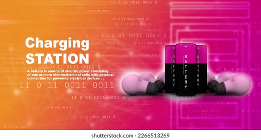3d rendering Electrical energy and power supply source concept, accumulator battery with charging led bulb 
