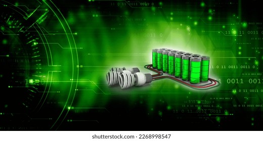 3d rendering Electrical energy and power supply source concept, accumulator battery with cfl bulb