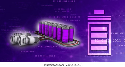3d rendering Electrical energy and power supply source concept, accumulator battery with cfl bulb