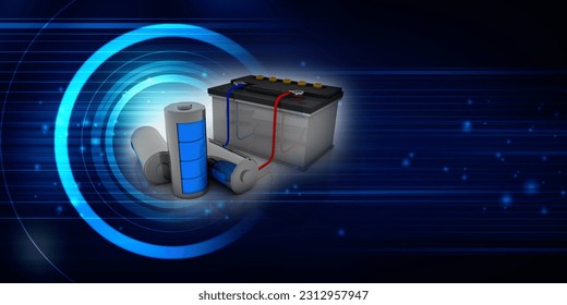 3d rendering Electrical energy and power supply source concept, accumulator inverter battery with charging level indicator
