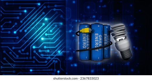 3d rendering electrical energy and power supply source concept,accumulator battery with charging led bulb connected optical cable