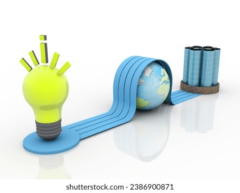 3d rendering Electrical energy and power supply source concept, accumulator battery with cfl bulb