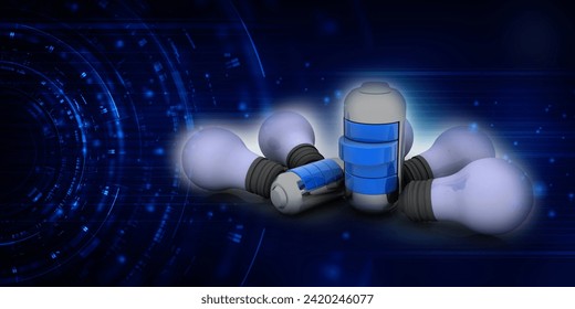 3d rendering Electrical energy and power supply source concept, accumulator battery with charging led bulb 
