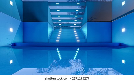 3D Rendering Of Elegant Blue Water Pond Reflection