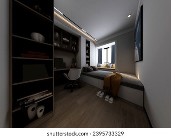3D rendering, elegant and modern bedroom design, big bed with overcoat cabinet, coffee table, TV, carpet, etc., very comfortable and leisure