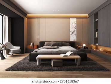 3d Rendering Elegant Modern Master Bedroom Interior with Neutral Tones