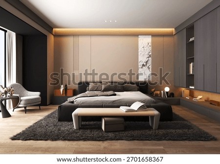 3d Rendering Elegant Modern Master Bedroom Interior with Neutral Tones