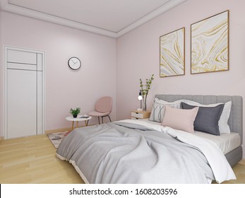 3D rendering, elegant pink bedroom of modern house, comfortable bed with single sofa and tea table
