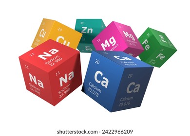 3D rendering of the elements of the periodic table, sodium, calcium, zinc, magnesium, iron and copper. Education, science, technology and engineering background. 3D illustration
