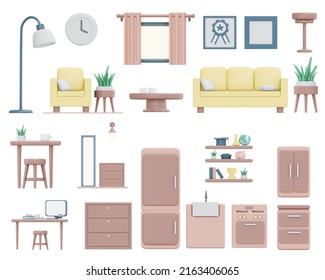 3D Rendering Elevation Of House Furniture Icon For Living Room Kitchen And Office Isolate On White For Sticker Or Commercial Design. 3D Render Cartoon Illustration.