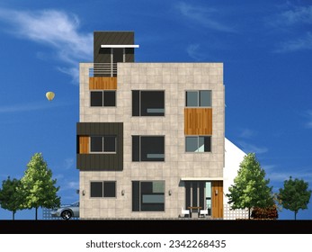 3D rendering elevation of a modern multistory house. Modern Multifamily House Architectural Elevation Illustration