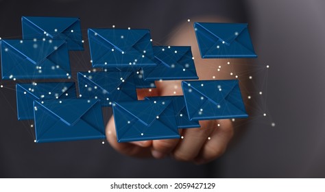 A 3D Rendering Of Email Icons Floating On A Man's Hand Against A Blurred Background