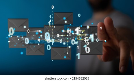 A 3D Rendering Of Email Inbox Icons Floating On A Man's Hand