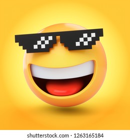 3D Rendering Emoji With Pixelated Sunglasses Isolated On Yellow