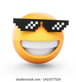 3D Rendering Emoji With Pixelated Sunglasses Isolated On White