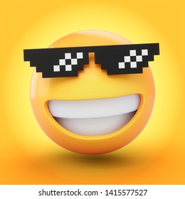 3D Rendering Emoji With Pixelated Sunglasses Isolated On Yellow