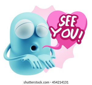3d Rendering. Emoticon Face saying See You with Colorful Speech Bubble.