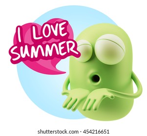 3d Rendering. Emoticon Face saying I Love Summer with Colorful Speech Bubble.