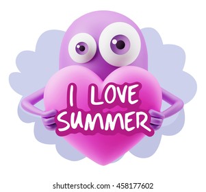 3d Rendering. Emoticon Face saying I Love Summer with Colorful Speech Bubble.
