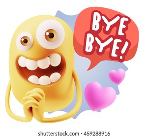 3d Rendering. Emoticon Face saying Bye Bye with Colorful Speech Bubble.