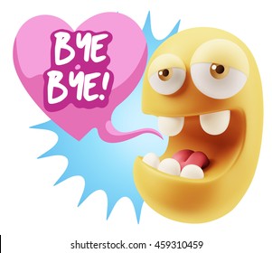 3d Rendering. Emoticon Face saying Bye Bye with Colorful Speech Bubble.