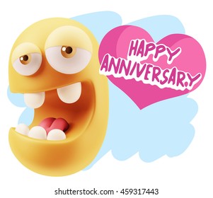 3d Rendering. Emoticon Face saying Happy Anniversary with Colorful Speech Bubble.
