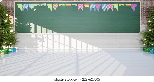 3d rendering of empty classroom consist of white tile floor, board or chalkboard, christmas tree and gift for teacher and student to teach, study and celebration. Background for education, christmas.
