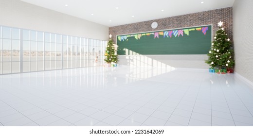 3d rendering of empty classroom consist of white tile floor, board or chalkboard, christmas tree and gift for teacher and student to teach, study and celebration. Background for education, christmas.