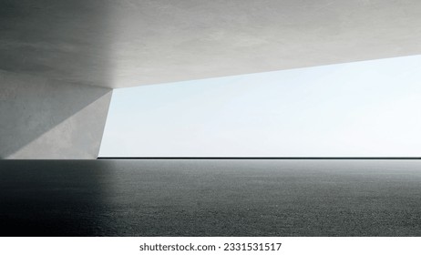 3d rendering of empty concrete room with sunlight through the large window. Abstract architecture with cement floor.