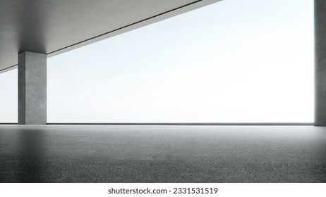 3d rendering of empty concrete room with sunlight through the large window. Abstract architecture with cement floor.