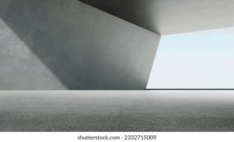3d rendering of empty concrete room with sunlight through the large window. Abstract architecture with cement floor.