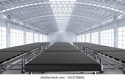 3d Rendering Empty Conveyor Belt In Factory