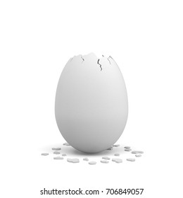 3d Rendering Of An Empty Cracked On Top Egg With A White Shell And Several Pieces Of It Lying Around. Broken Hopes. Poultry Farming. Fresh Food.