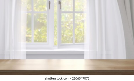 3D rendering of empty fine teak wood table top for products display, beautiful sunlight from a white bay window garden view with blowing sheer curtains in background, Mock up, Backdrop, Home product.