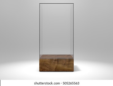 A 3D Rendering Of An Empty Glass Display Case  With A Wooden Base On An Isolated White Studio Background