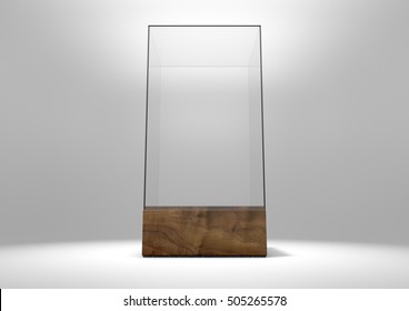 A 3D Rendering Of An Empty Glass Display Case  With A Wooden Base On An Isolated White Studio Background