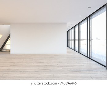 3d Rendering. Empty Loft Apartment In Winter Time.