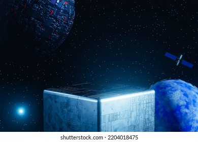 3d Rendering Empty Metal Podium With Space Background. Sci Fi Scene For Product Display.