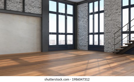 3d rendering of an empty modern loft with large windows and a staircase - Bright living room