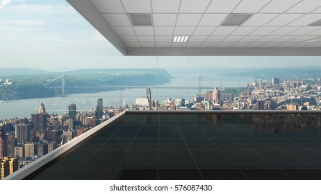 3d Rendering Empty Office With New York City Background, Interior Illustration