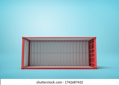 3d Rendering Of Empty Red Cargo Container With One Side Off Standing On Light Blue Background. International Shipping Trade. Intermodal Freight Transport.