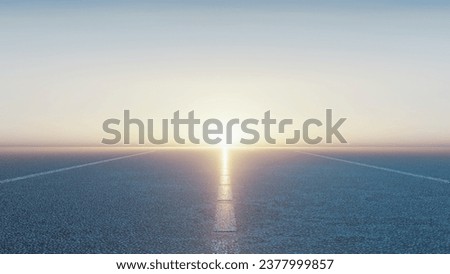 3D rendering of empty road towards rising sun. Light reflection on asphalt surface. For automobile advertising background. Path leading line and large copy space area