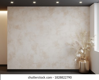 3d Rendering Of An Empty Room With A Decorative Vase With Plants. Beige Warm Range Of Plaster On The Wall