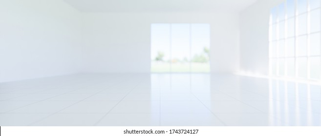 3d rendering of empty room and white tile floor with grid line and shiny reflection with clear glass door in perspective view, clean and new condition for background, Soft focus at center floor.