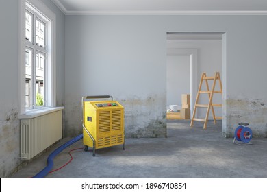 3d rendering of an empty scandinavian room with water damage and building dryer - renovate