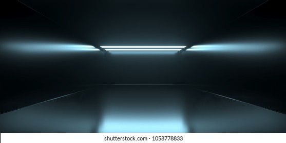 3D Rendering Of Empty Sci Fi Futuristic Dark Room With Light Blue Lights 