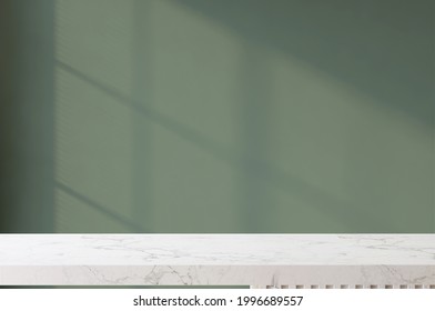 3D Rendering Of Empty Shiny Marble Counter Top For Products Display In Front Of A Dark Green Wall With Beautiful Sun Light And Window Frame Shadow Shine On. Background, Mock Up, Backdrop, Home.